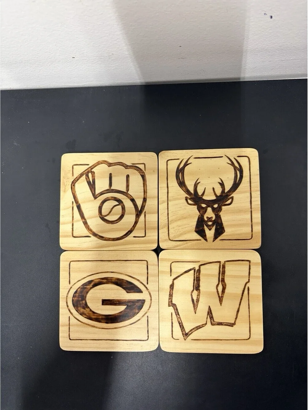 Wisconsin Sports Coaster Set - Green Packers, Bucks, Badgers, Brewers - Set Of 4
